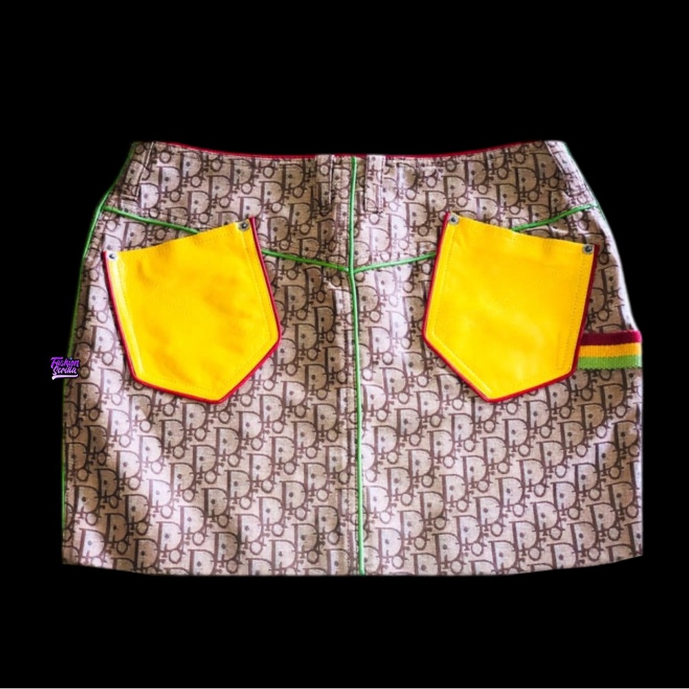 Christian Dior Vintage Monogram Logo Canvas & Leather Rasta Trotter Mini Skirt - Picture 3 of 17